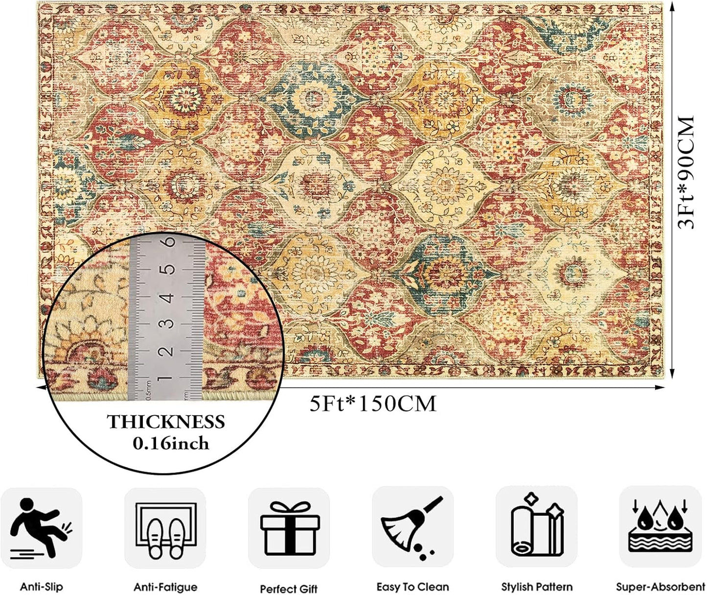 Lahome Moroccan Trellis Washable Small Area Rug, 3x5 Area Rug for Bedroom Living Room, Non-Slip Oriental Accent Throw Carpet for Kitchen Office Entryway Bathroom Office, Red/Orange