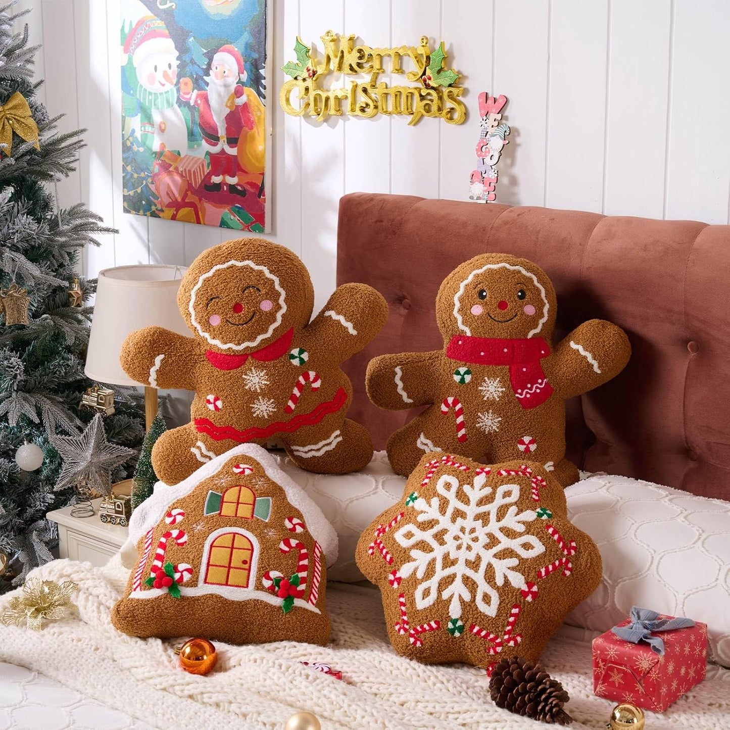 Lanpn Christmas Gingerbread Man Pillows Set of 2, Christmas Decoration Winter Throw Pillows Soft Fleece Sherpa Cute 3D Shaped Ginger Bread Man Girl Boy Throw Cushion for Sofa Bedroom Xmas Decor
