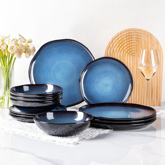 LeRatio Ceramic Dinnerware Sets for 4,Wavy Reactive Glaze Stoneware Plates and Bowls Sets,Highly Scratch Resistant | Dishwasher & Microwave,Oven Safe Dishes Set(12PCS)