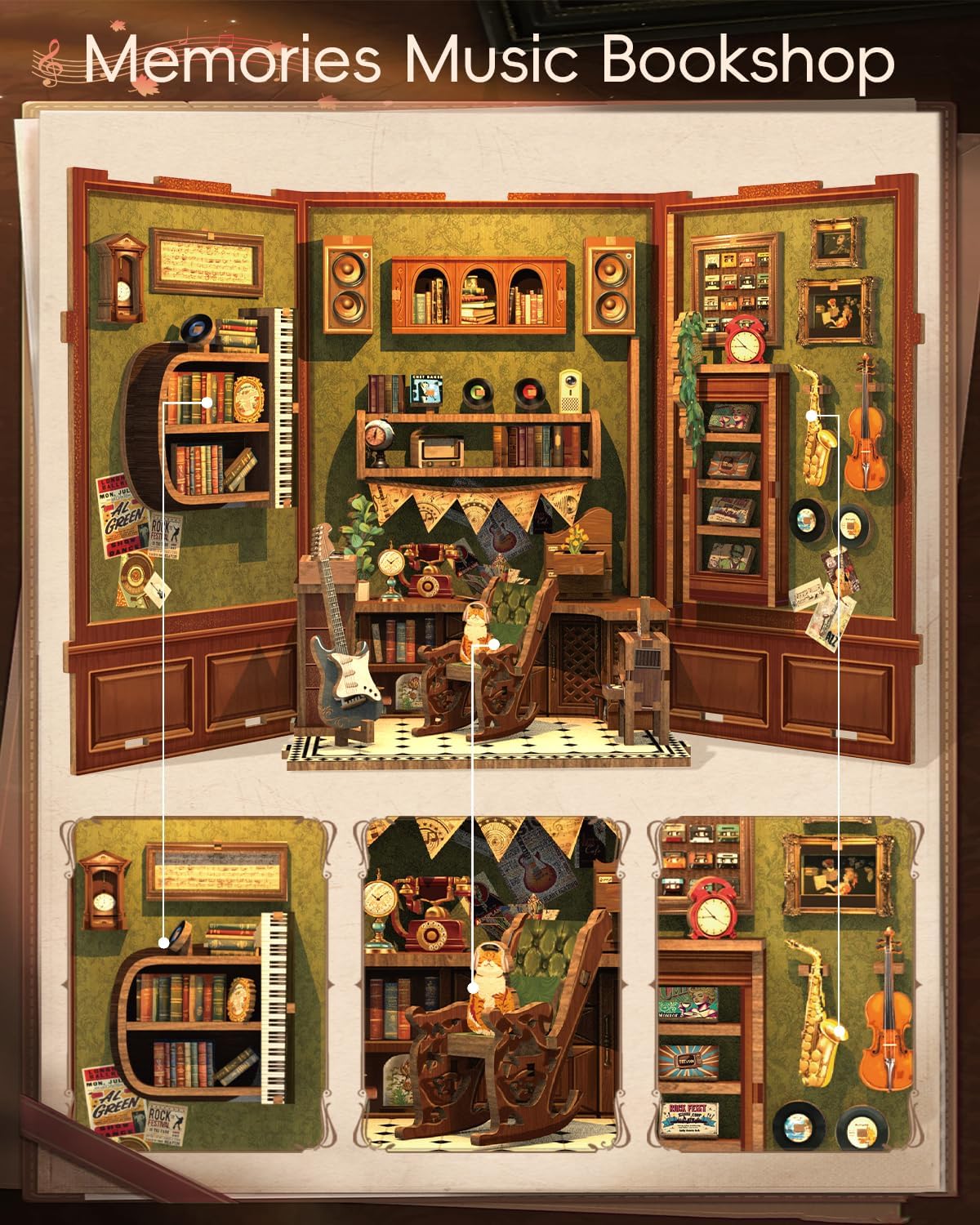 CUTEBEE Book Nook Kit - DIY Miniature House Dollhouse Kit for Adult and Teens, Booknook Bookshelf Decor Alley Model Build with LED Light, Gifts for Family and Friends (Memories Music Bookshop)