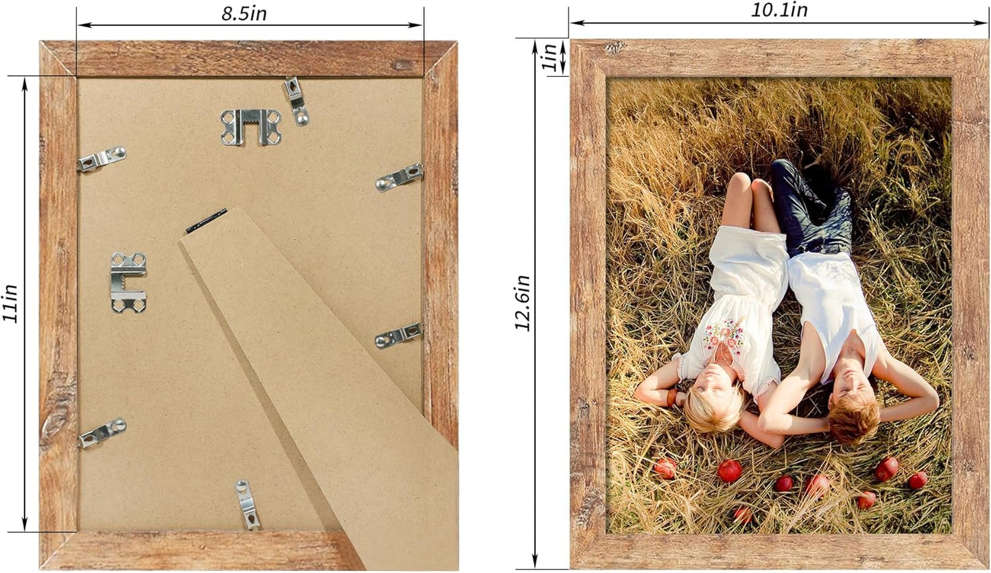 iRahmen 8.5x11 Picture Frame Set of 4, High Definition Real Glass Rustic Brown Frame, Wood Photo Frames 8.5 by 11 Diploma Document for Wall Hanging and Tabletop Display