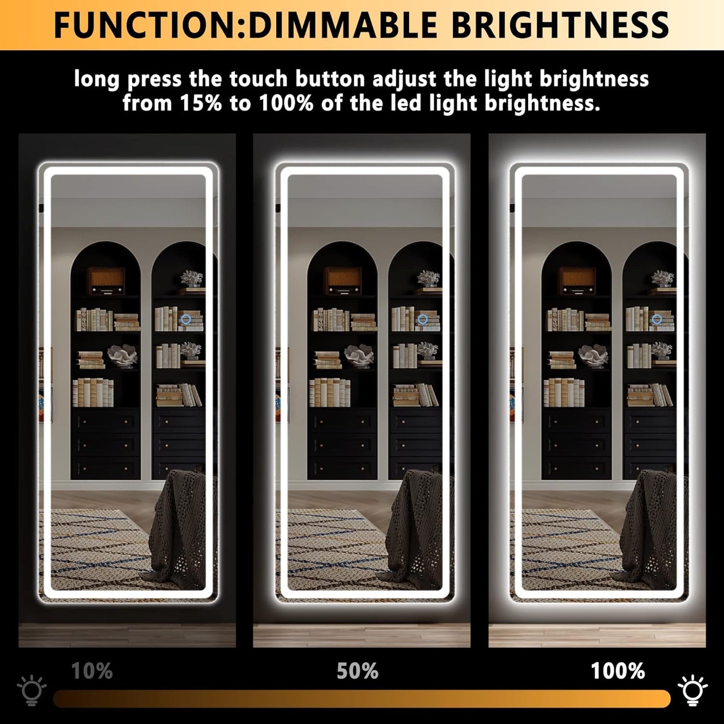 Hasipu LED Door Mirror Full Length, 44.1" x 15.8" Lighted Over The Door Hanging, Full Body Wall Mounted, Light Up Long Dressing, Round Black