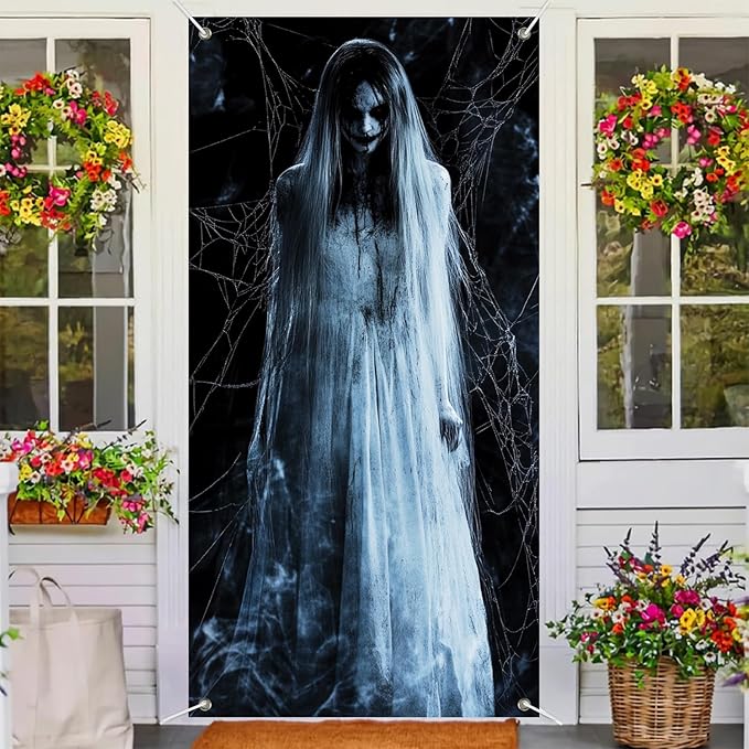 Halloween Door Cover 71x35 Inch Front Porch Door Banners Decoration Spooky Ghost Spider Web Fall