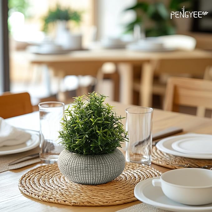 2Pack Small Fake Plants, 6.1/5.7 Inch Artificial Plants Indoor in Cement Planter, Small Faux Plants Indoor for Room Bathroom Bedroom Farmhouse Kitchen Office Home Decor - Yellowish Green-Rosemary