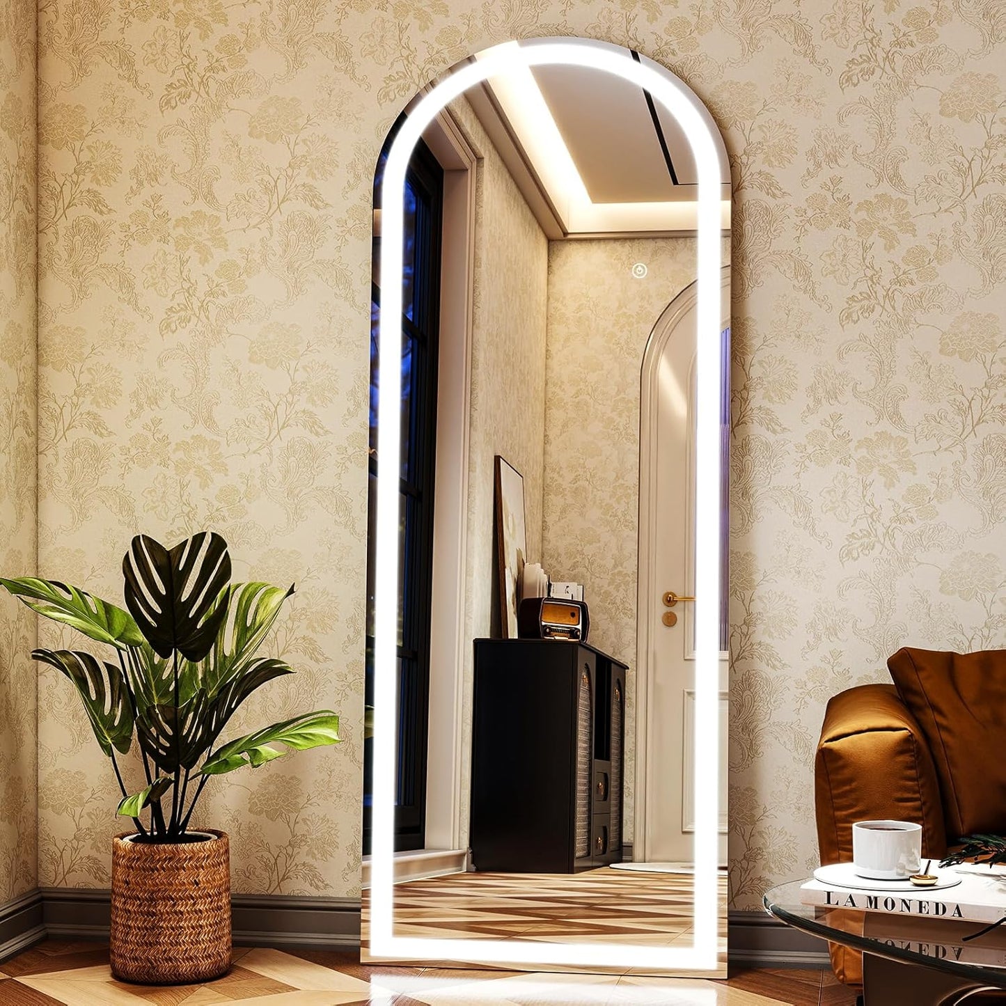 LED White Arched Full Length Mirror - 21“ x 64” Adjustable Brightness, Touch Screen Controls, Wall Mounted or Freestanding for Bedroom, Living Room, Cloakroom Dressing Mirror