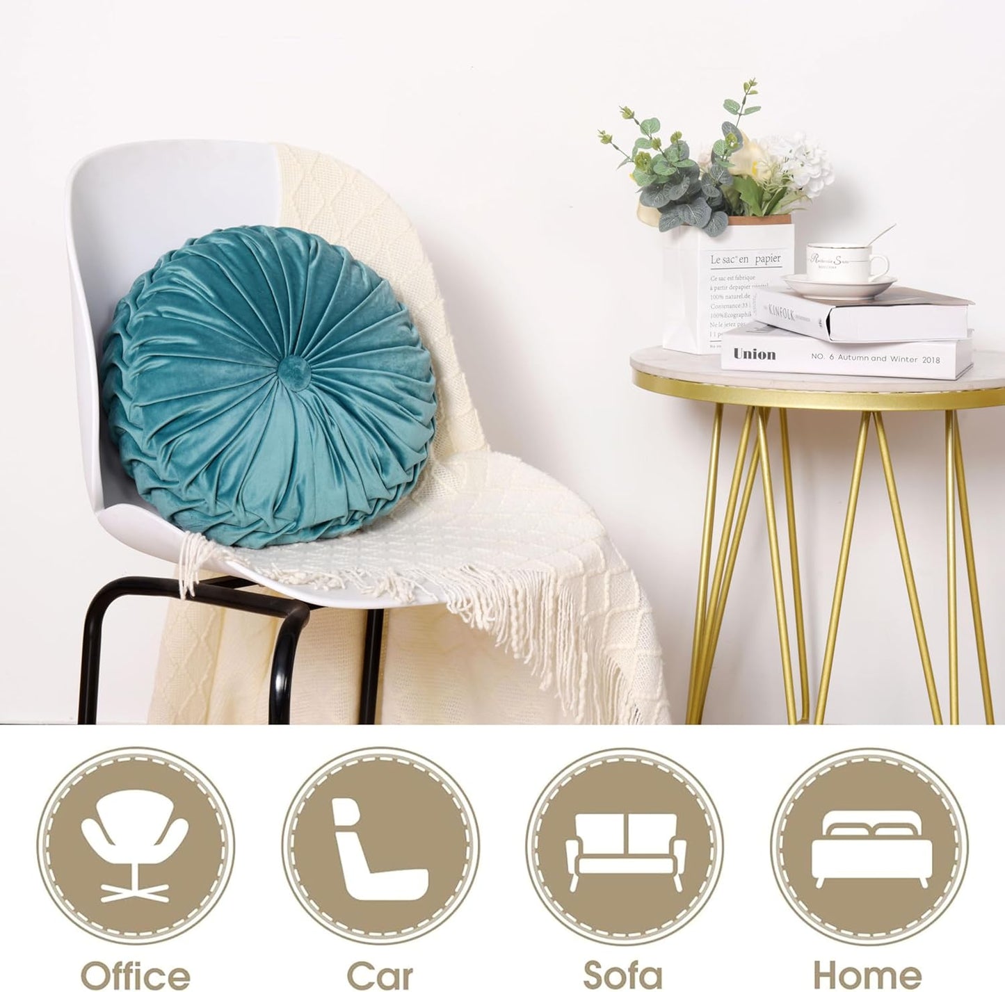 HIG Set of 2 Teal Ruched Velvet Round Throw Pillows – 14.5’’ Decorative Pillows with Soft Polyester Filling for Couch, Bed, Living Room, Bedroom, or Dorm – Handmade, Stress Relieving, All-Season