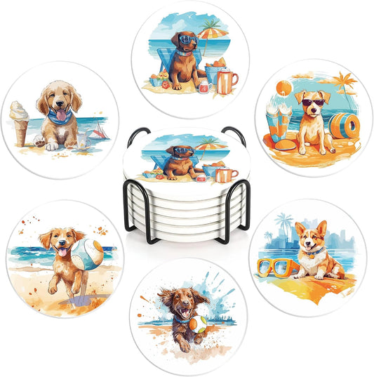 Drink Coasters with Holder,6 Pcs Dog Beach Absorbent Ceramic Drink Pads, Non-Slip Table Protectors for Coffee & Glasses