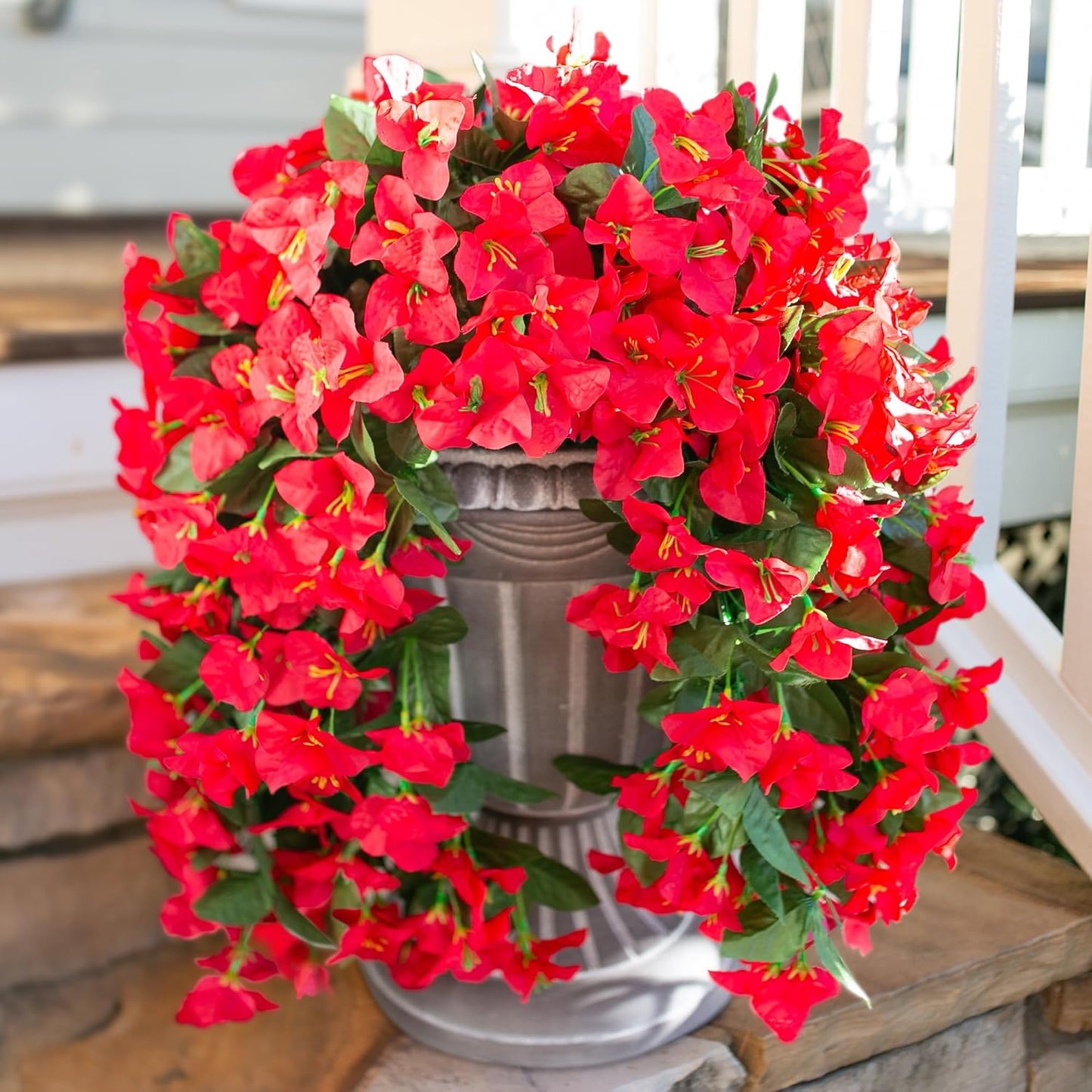 HyeFlora Bougainvillea Artificial Hanging Flowers Plants for Outdoors Decoration, 2pcs Fake Flowers Silk Bougainvillea Vines Realistic UV Resistant Faux Flowers for Outdoor Planters Porch Patio, Red
