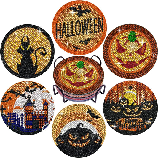 DOTSOPS 6 Pcs Halloween Diamond Art Kits for Adults Diamond Art Coasters with Holder for Adults Beginners Diamond Craft for Christmas Halloween