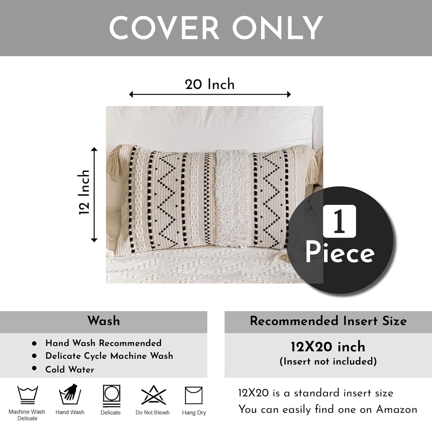 BlissBlush Decorative Lumbar Throw Pillow Cover 12x20 Rectangular Boho Accent Pillowcase Black Neutral White Farmhouse Cushion for Couch Sofa Bedroom Living Home Décor (Cover ONLY, Pack of 1)