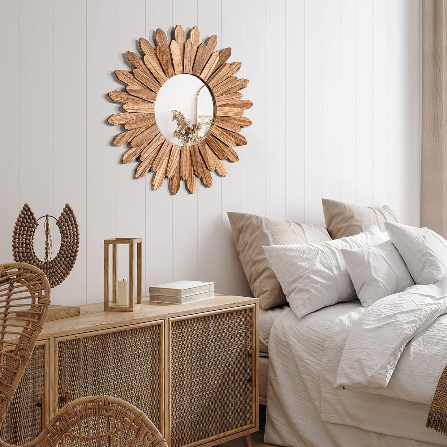 Emfogo Wall Mirror 21 inch Rustic Wood Farmhouse Mirror Sunburst Boho Mirror Wall Decor Room Decor Home Aesthetic Decor for Bedroom Living Room Entryway (Carbonized Black)