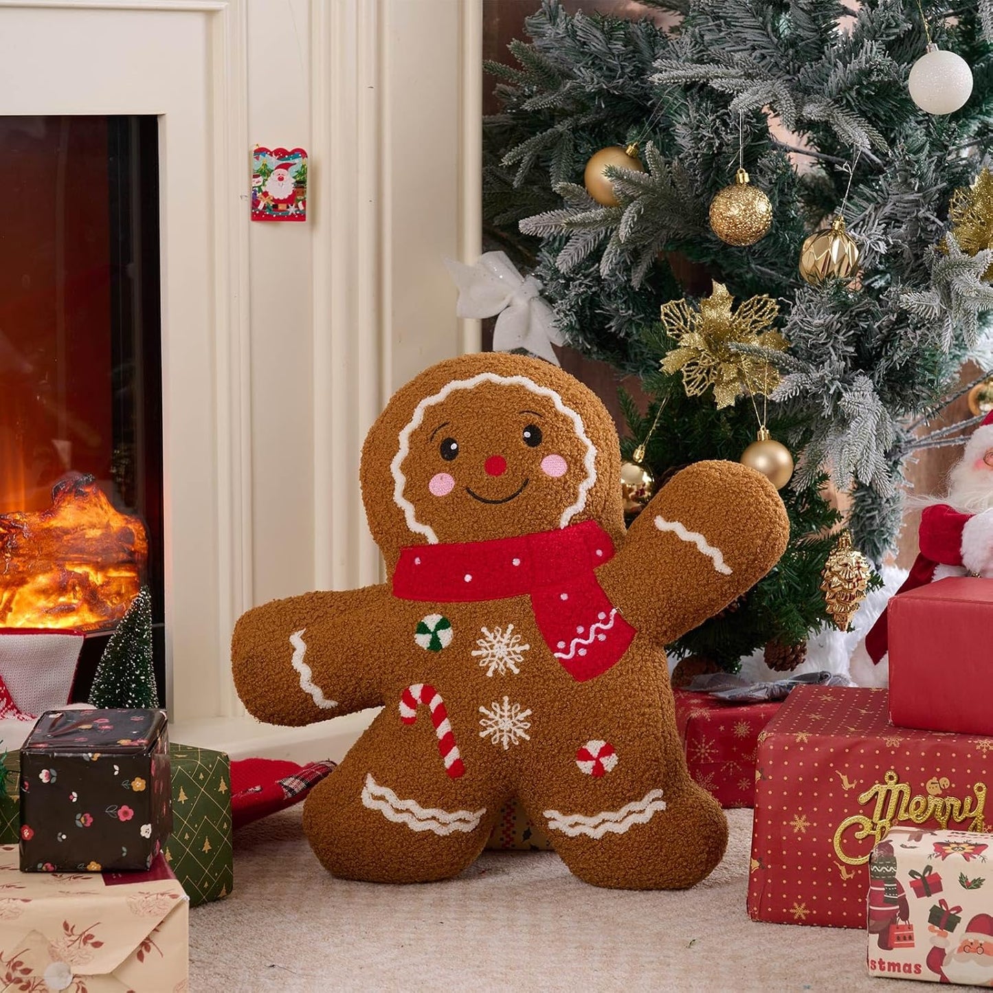 Lanpn Christmas Gingerbread Boy Pillow, Christmas Decoration Winter Throw Pillows Soft Fleece Sherpa Cute 3D Shaped Ginger Bread Man Throw Cushion for Sofa Bedroom Xmas Decor (18x18 inch)