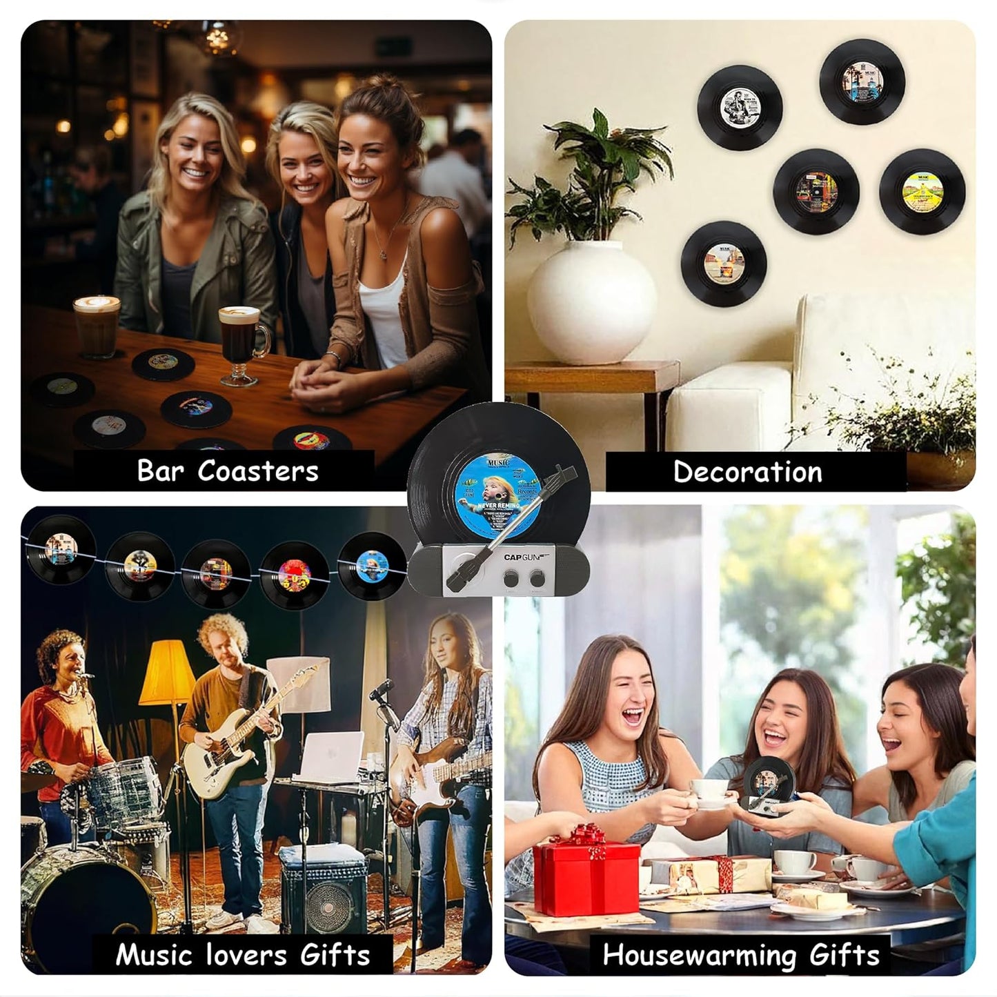 Funny Retro Vinyl Record Coasters, Creative Drink Coasters Set of 12 with Vinyl Record Player Holder for Music Lovers, Housewarming Hostess Gifts, Birthday and White Elephant Gifts Ideas