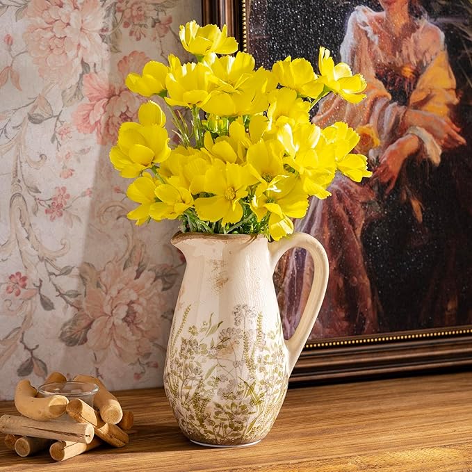 Vintage Green and Beige Ceramic Pitcher Vase with Handle, Farmhouse Floral Decorative Vase, Rustic Table Centerpiece for Home Decor, Living Room, French Country Grand Millennial Decor 8.7 in