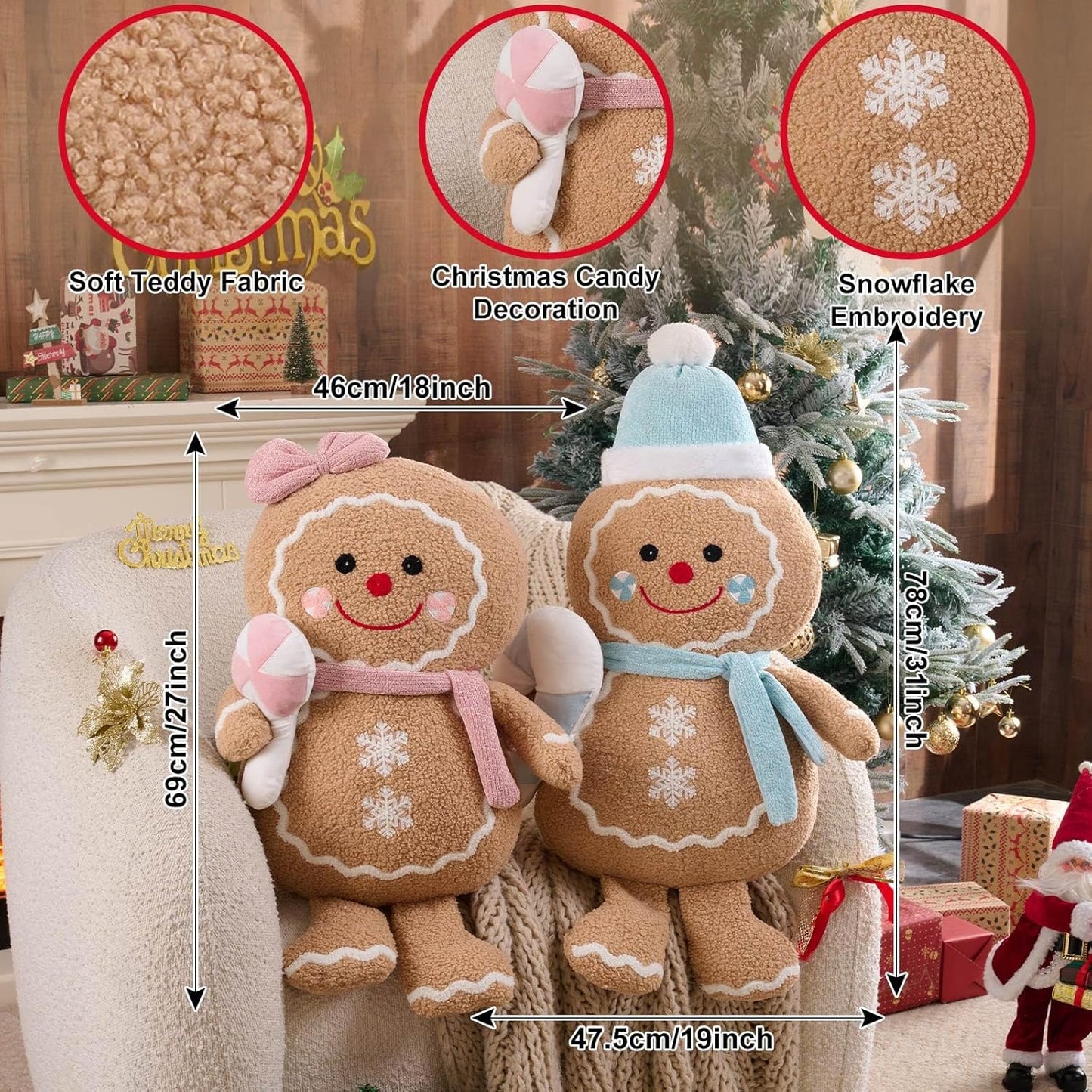 Lanpn Christmas Gingerbread Man Pillows Set of 2, Christmas Decoration Winter Throw Pillows Soft Fleece Sherpa Cute 3D Shaped Ginger Bread Man Girl Boy Throw Cushion for Sofa Bedroom Xmas Decor