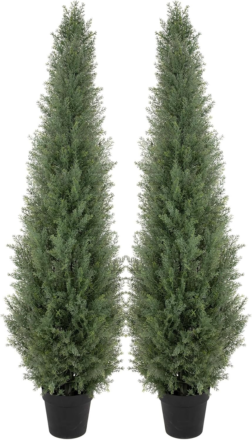 Bellacat 5ft UV Resistant Artificial Topiary Trees Outdoor, 60in Faux Cedar Tree with Full & Realistic Leaves, Fake Cypress Tree for Front Door Proch Patio Deck Balcony Yard Decor 2Pack