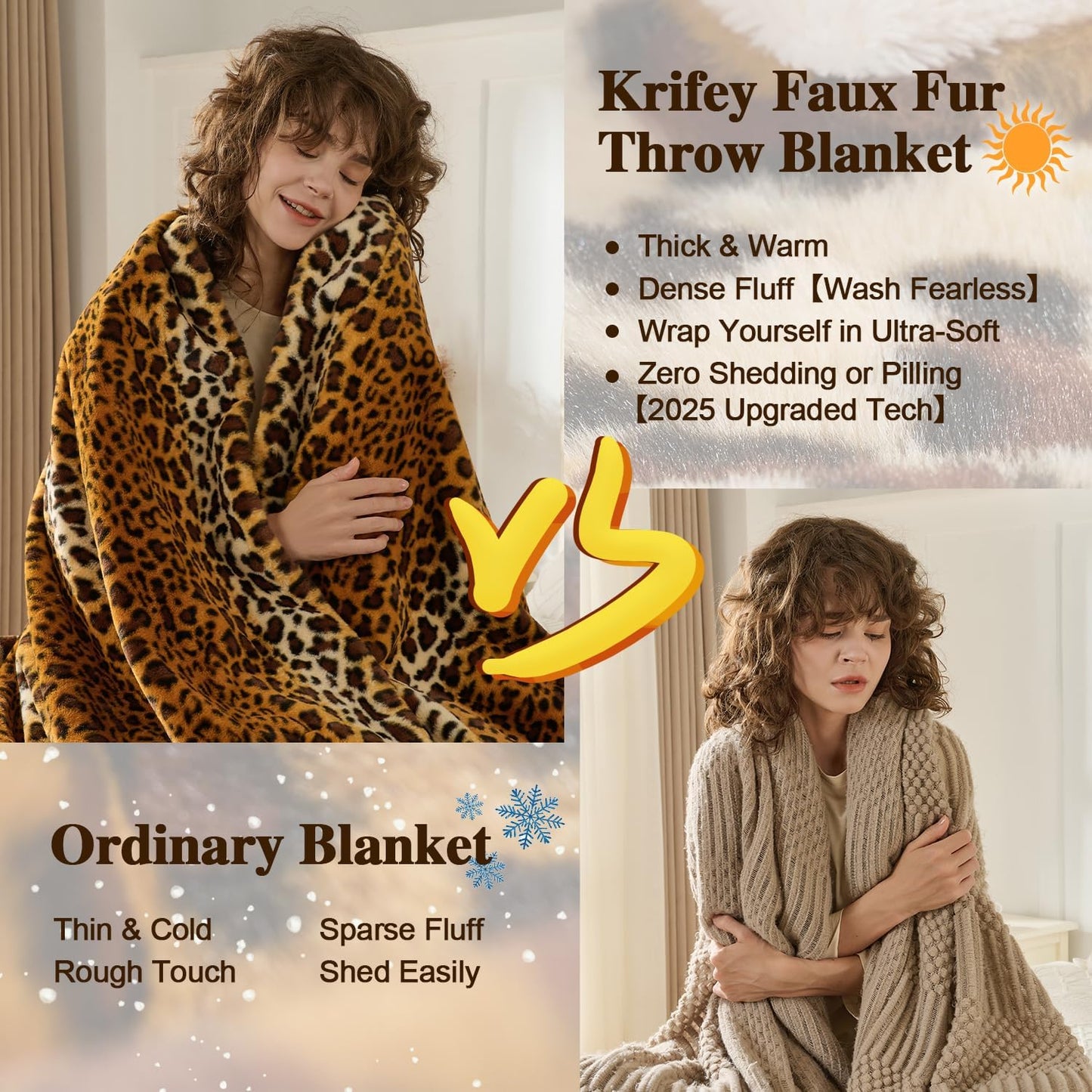 Krifey Leopard Print Blanket, Faux Fur Throws for Bed, Soft Cozy Fuzzy Fluffy Thick Warm Plush Cheetah Print Blanket, Christmas Birthday Gifts for Mom Dad Women Men, Room Decor, 50x60in