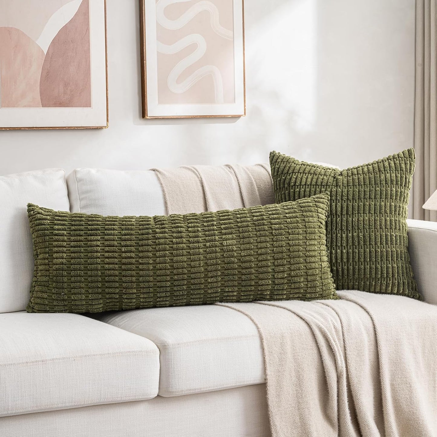 Fancy Homi 4 Packs Boho Moss Green Decorative Throw Pillow Covers 20x20 Inch for Couch Bed Sofa, Rustic Modern Farmhouse Home Decor, Soft Plush Corduroy Square Cute Cushion Case 50x50 cm