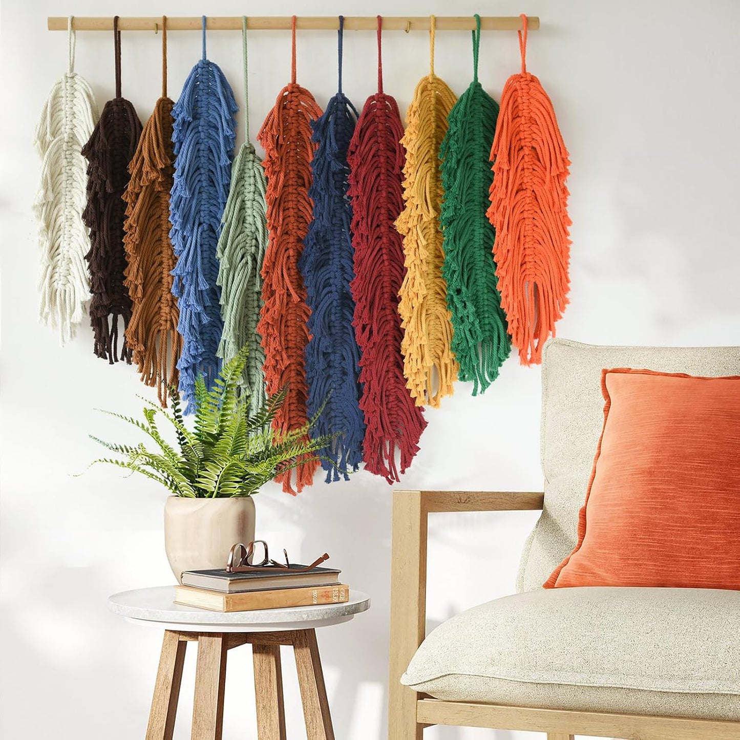 Jakalin Macrame Wall Hanging Leaf, Colorful Yarn Feathers Boho Wall Decor, Handmade Woven Tapestry for Bedroom, Nursery, Living Room, Boho Chic Fiber Art Wall Hanging 27.5" W x 23.6" L