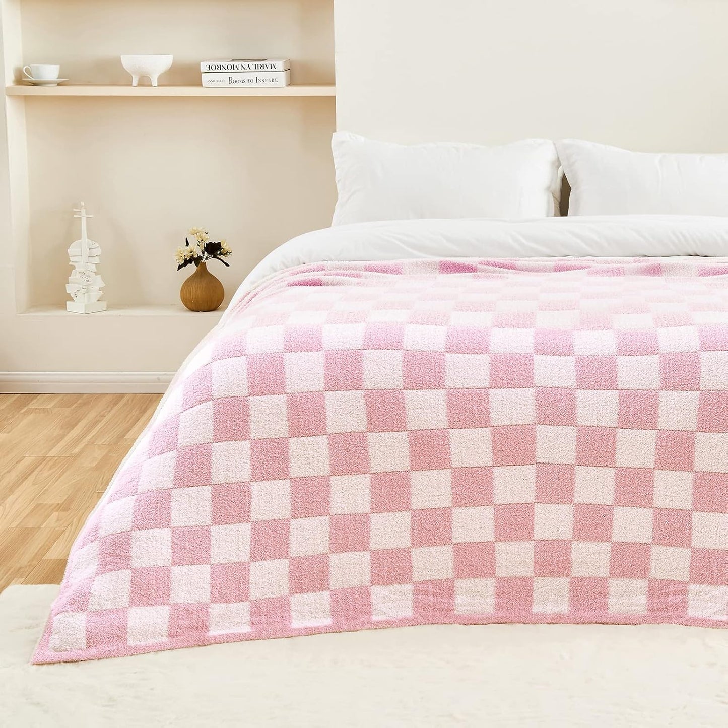 CozeCube Super Soft Fullfy Microfiber Reversible Knitted Blankets, Warm Cozy Fuzzy Plush Throw, Pink and White Checkered Throw Blanket for Couch Bed Sofa, 60" x 80"