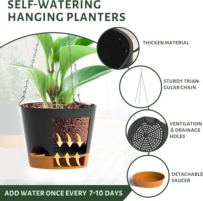 Hanging Planters for Indoor Outdoor Plants, 2 Pack Self Watering Hanging Pot with Drainage Holes and Plant Hangers, Hanging Baskets Flower Pots for Home Garden Decor (Black, 8 inch)