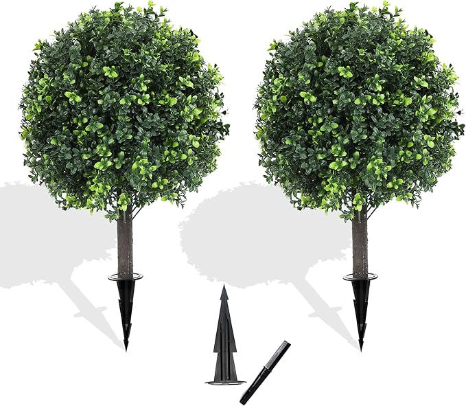 27.2" Artificial Boxwood Topiary Set of 2 with Spike, Fake Plants Boxwood Balls Greenery Bushes, Uv Resistant Artificial Outdoor Plants Shrubs for Front Porch Decor, Home Faux Plants Indoor