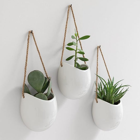 Kazai. Wall Planters -Ellie- | Hanging Ceramic Plant Pots 3 Pieces | Wall Decoration for Indoors, Balcony and Garden | White (Glossy)