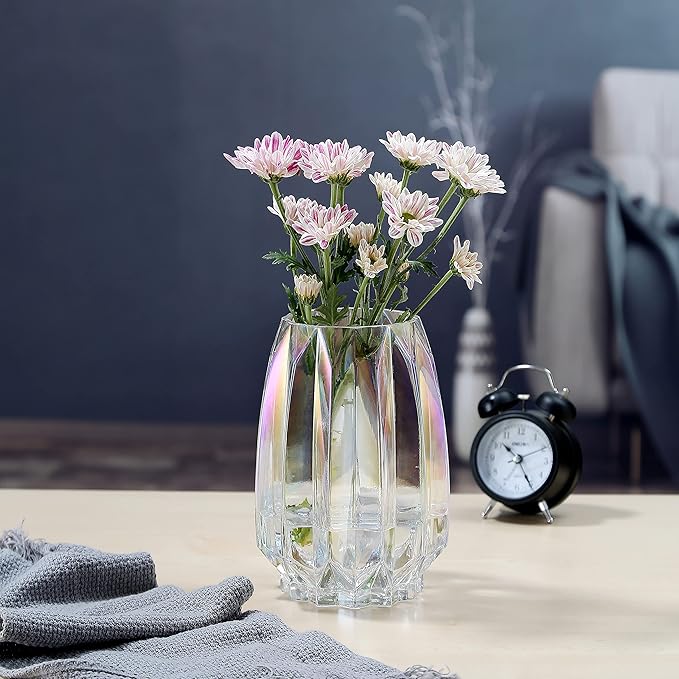 Colored Glass Vase Modern Ribbed Glass Vase for Flowers, Candles, and Decorative Accents - Tall/Short Glass Vase for Centerpieces Home Table Decor(Colored H7.87inch)