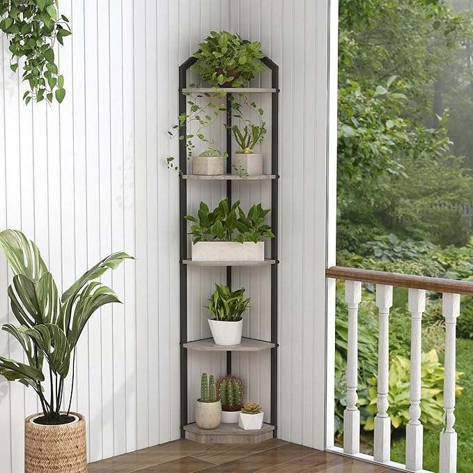 Fun Memories 5 Tier Corner Shelf, 70” Corner Shelf Stand, Corner Bookshelf Plant Stand, Storage Shelf for Bathroom, Living Room, Kitchen,Grey Home Office, Grey