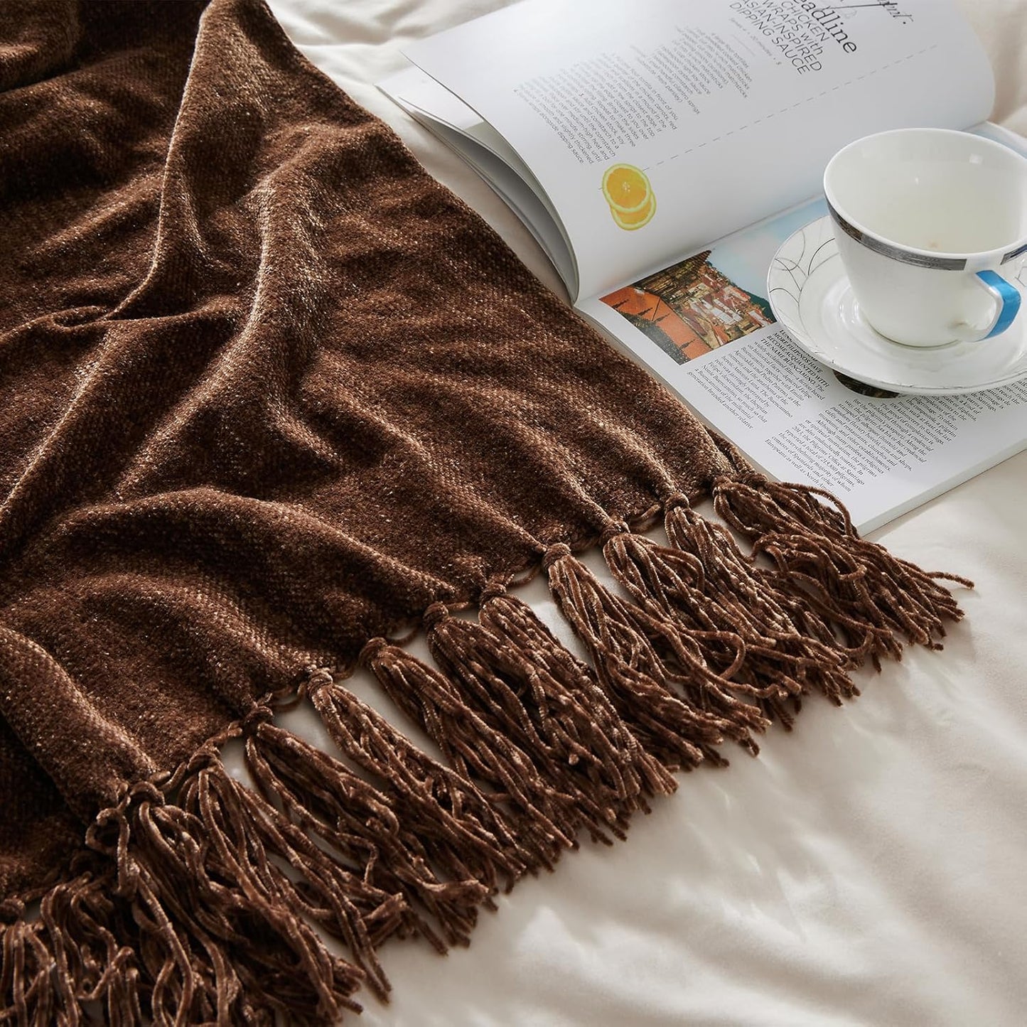 CozeCube Chenille Throw Blanket for Couch, Cozy Plush Fuzzy Decorative Dark Brown Blanket with Fringe Tassels, Lightweight Throws for Bed Sofa Gift Home Decor, 60"X80"