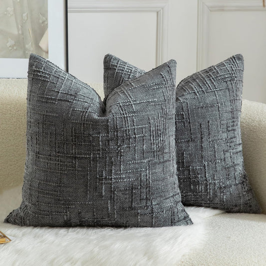 MANDIOO Pack of 2 Soft Chenille Textured Throw Pillow Covers Square Accent Solid Decorative Cushion Cover Cozy Farmhouse Pillow Case for Couch Sofa Bed Living Room 18x18 Inch Dark Gray