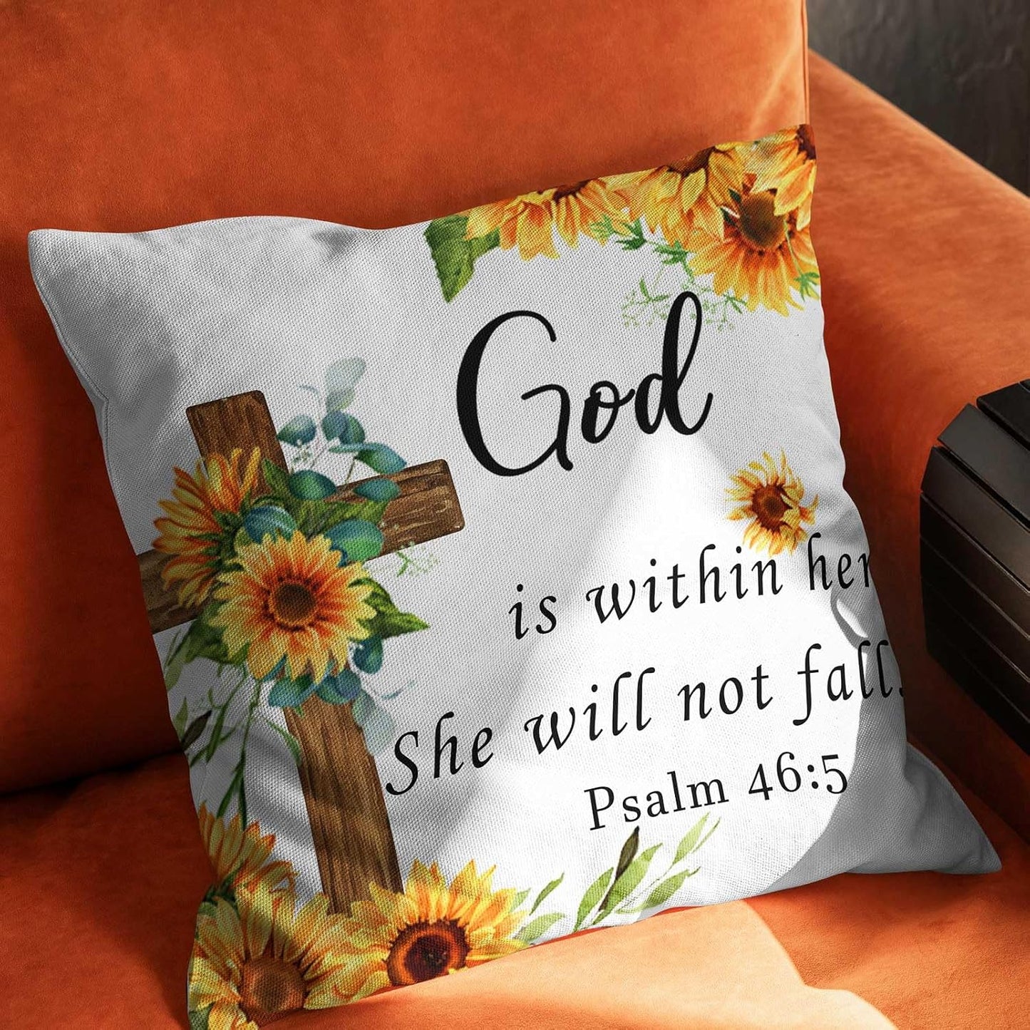 God is Within Her She Will Not Fall Throw Pillow Cover,Sunflower Religious Pillow Covers Farmhouse Decorative Cushion Case Sofa Pillow Case 18x18 Inch