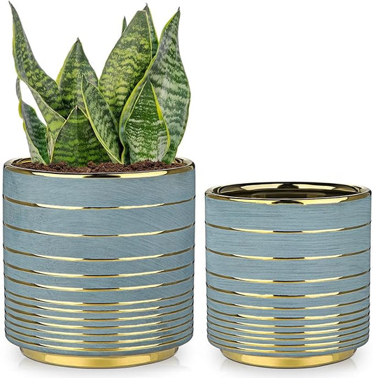 Grey Ceramic Plant Pots, 5.5 + 6.2 Inch Gold Striped Planter for Plants, Modern Flower Pots for Home and Office, Indoor Planters with Drainage Set of 2