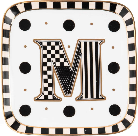 MACKENZIE-CHILDS Monogram Dish, Decorative Ceramic Letter Plate, 5 3/4" Square, M