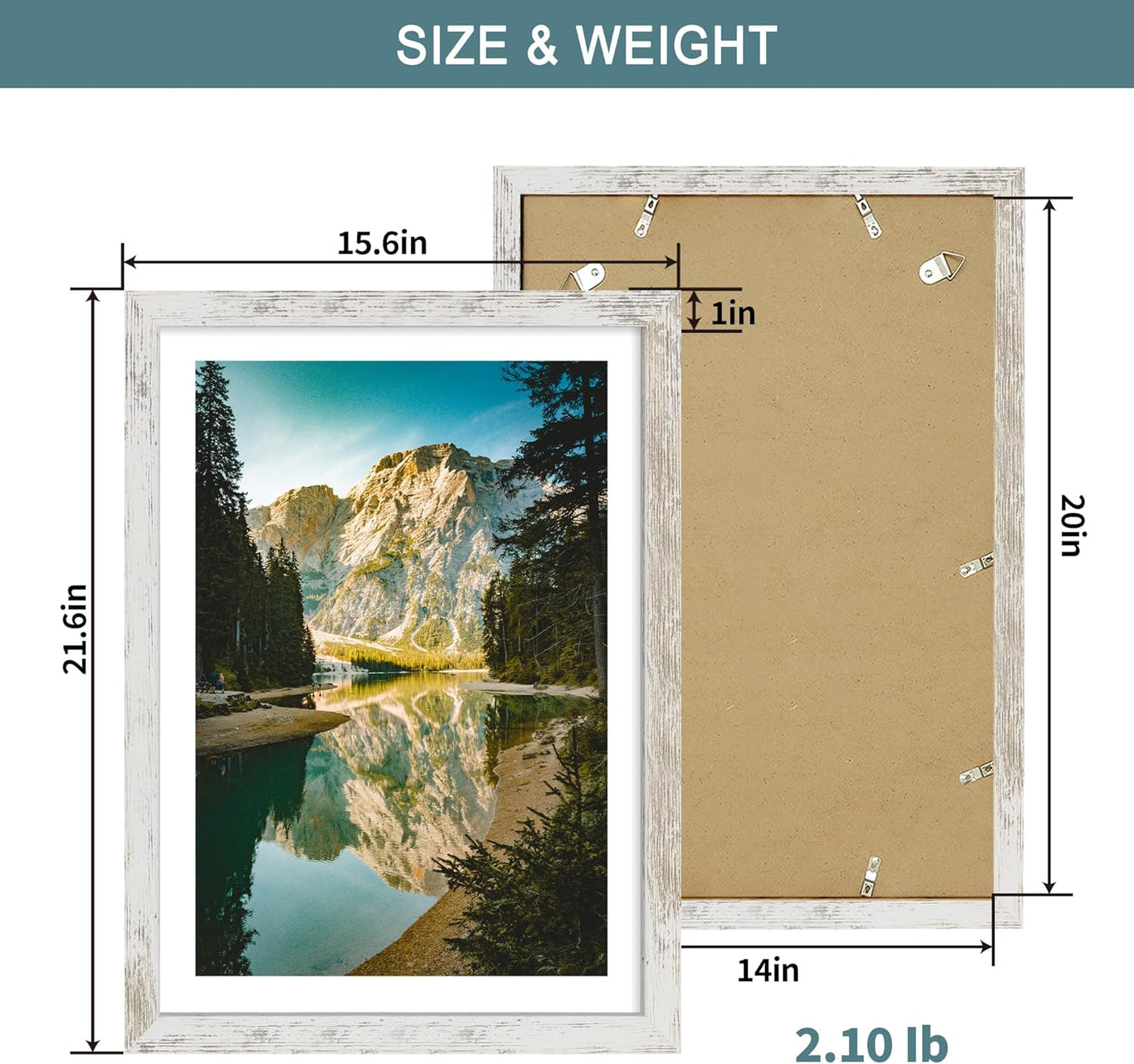 iRahmen 14x20 Picture Frame Set of 2 with Plexiglass, Display 12x18 Photo with Mat or 14 x 20 Without Mat, Rustic Wood Poster Frame for Wall Mounting