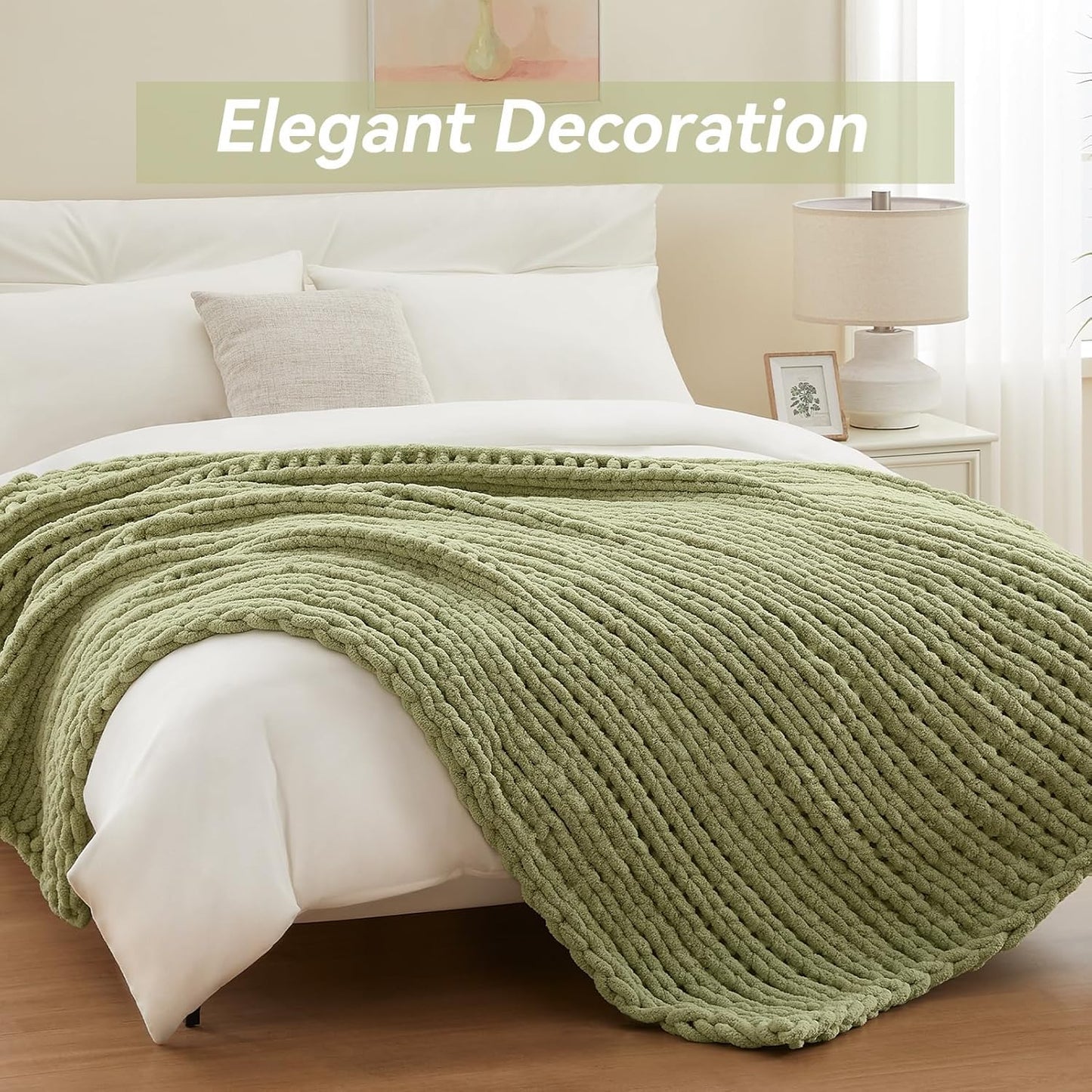 Chunky Knit Throw Blanket, 50''*60'' Knitted Throw Chenille Yarn for Bed Couch, Handmade Light Green Crochet Big Thick Blanket, Machine Washable Cute Comfy Blanket for Home Decor