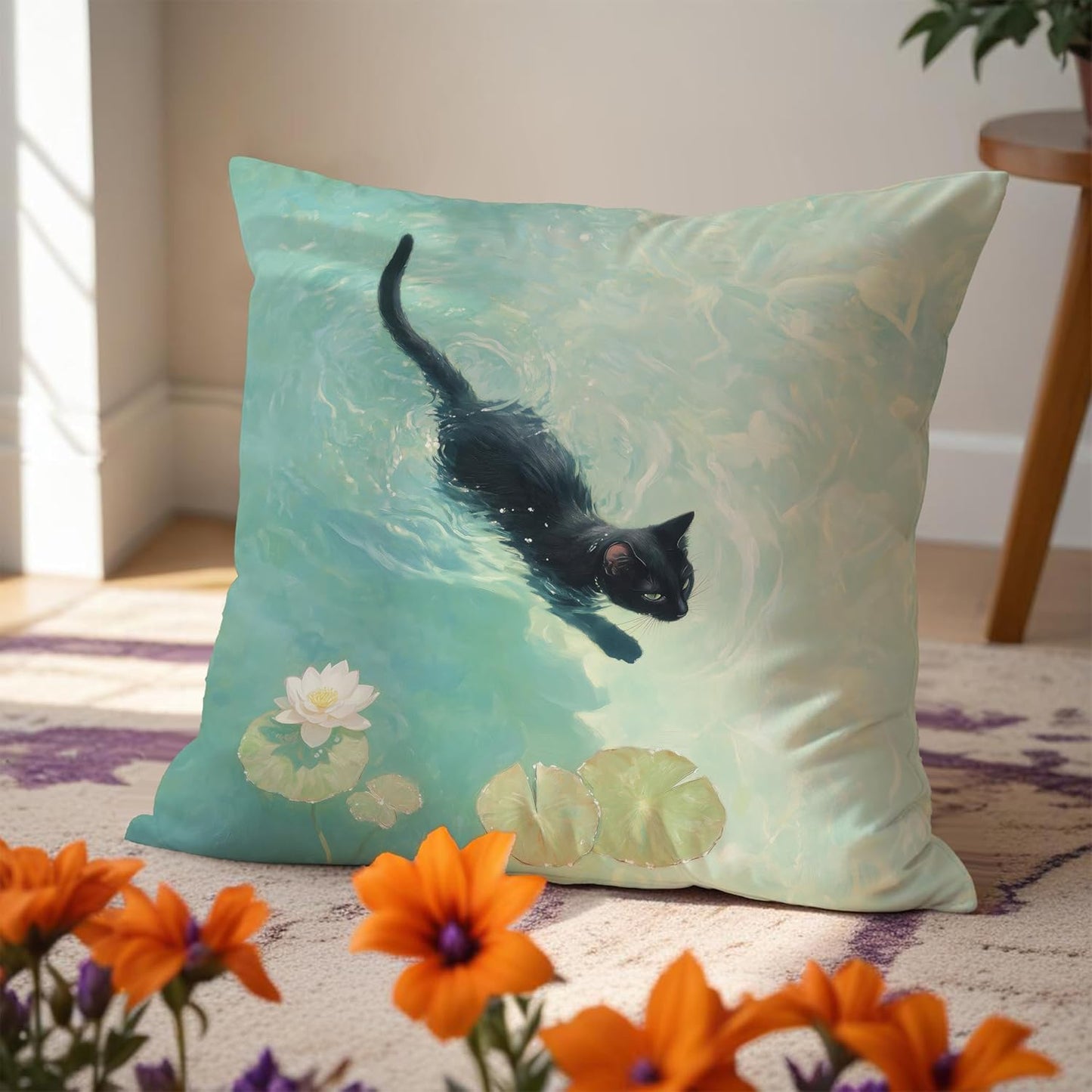 Black Cat Art Painting Throw Pillow Covers 18x18, Aesthetic Cats Decor Pillow Covers for Room Bedroom, Elegant Swimming, Black Cat Decor, Cats Lovers Lady Mom Grandma Gifts