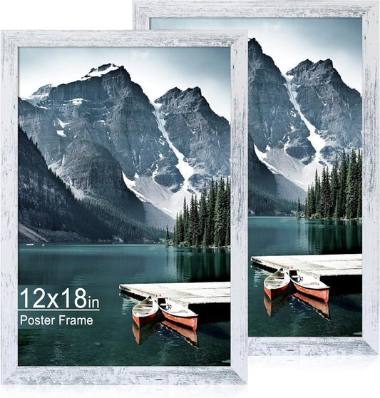 iRahmen 12x18 Picture Frame Set of 2 with Plexiglass, Distressed White Wood Poster Frame for Photo Gallery Wall Mounting Horizontal and Vertical