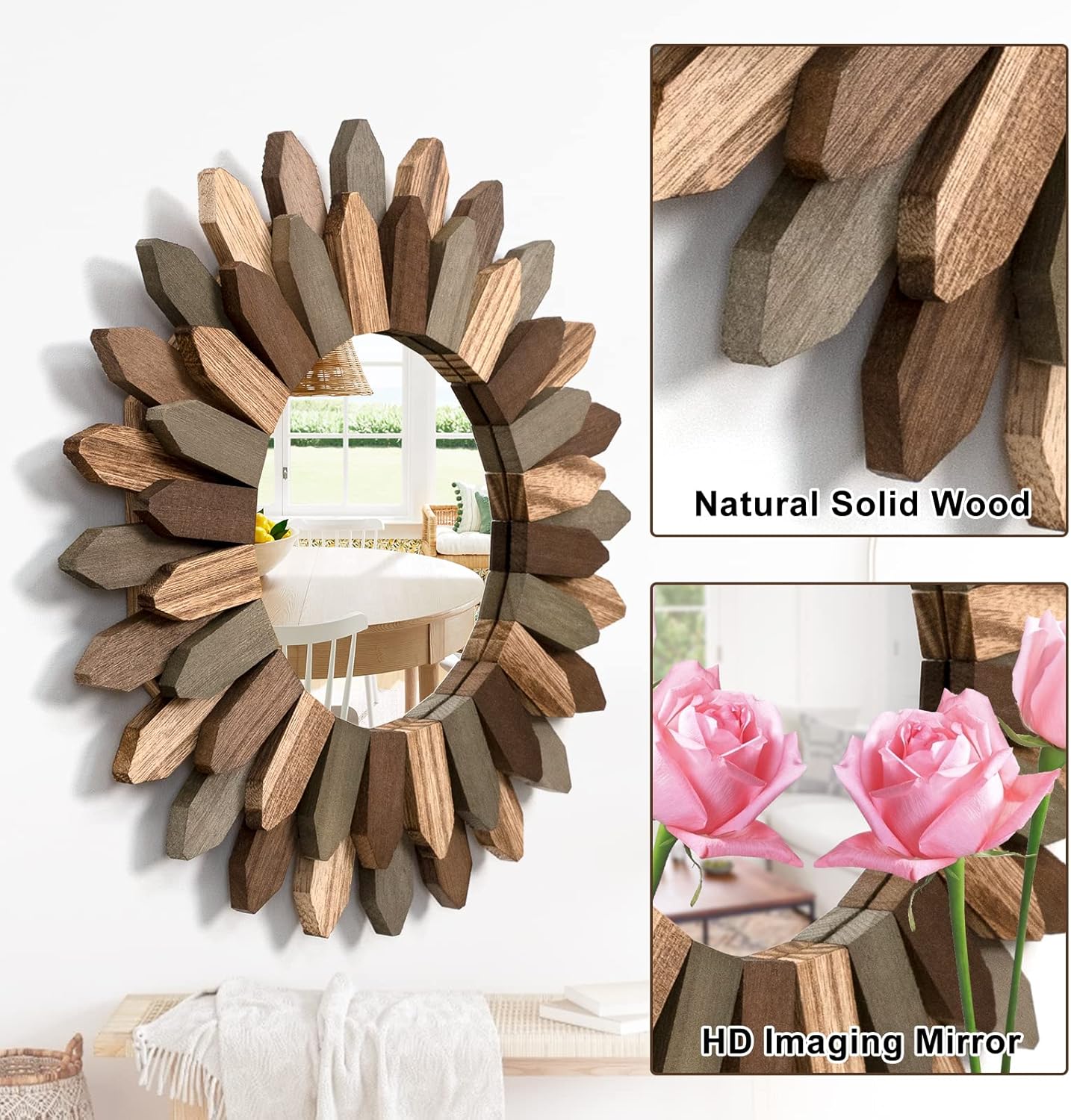 Emfogo Wall Mirror 12 inch Rustic Wood Sunburst Boho Mirror Farmhouse Wall Decor Room Decor Home Decor for Bedroom Living Room Entryway (Tri-Color)