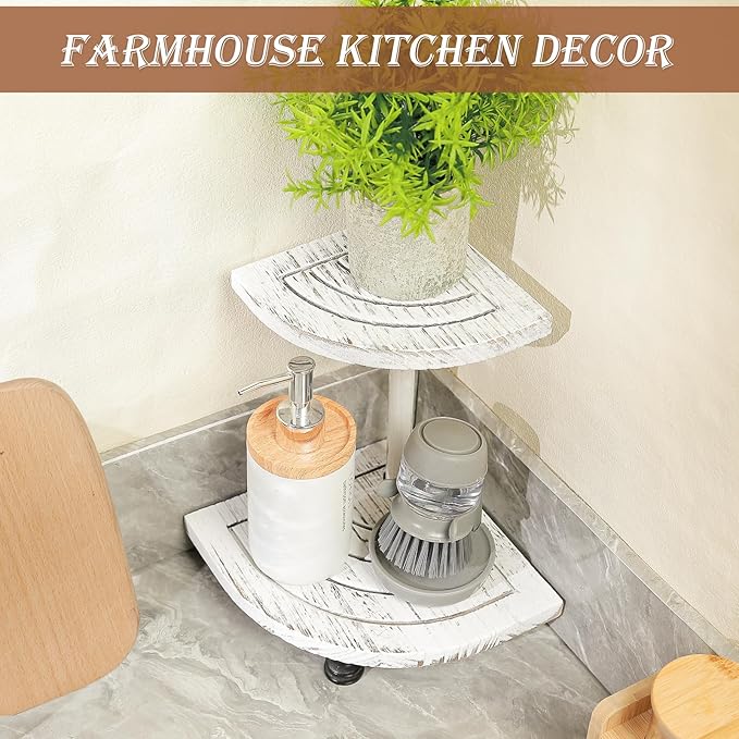 Tikea Decorative Wood Riser for Display, 2-Tier Farmhouse Corner Shelf for Kitchen Bathroom Counter Decor, Farmhouse Riser for Soap Dispenser, Decorations and Plant (White)