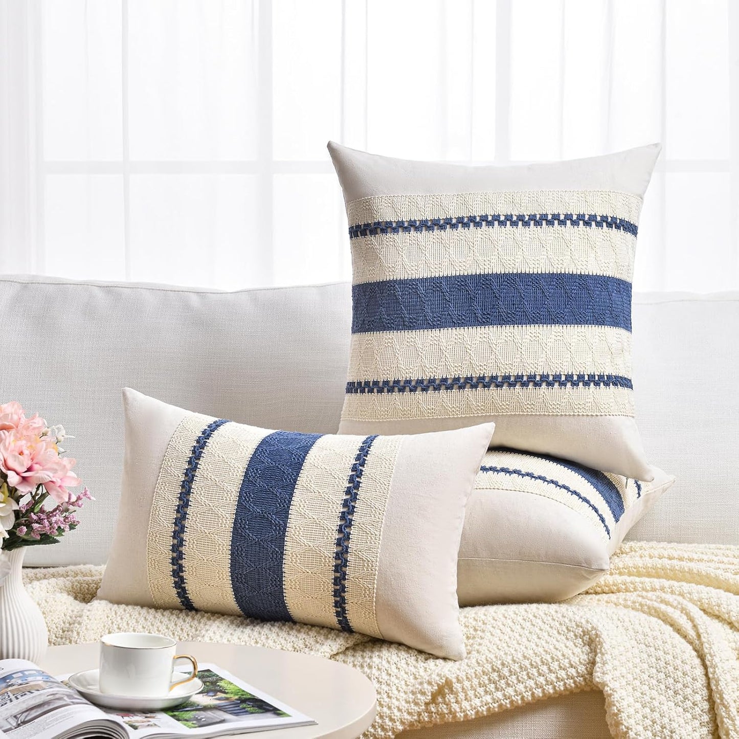 Fancy Homi Set of 2 Dusty Blue Vintage Decorative Throw Pillow Covers 20x20 Inch for Couch Bed Sofa Chair Bedroom, Rustic Retro Square Cushion Case, Modern Farmhouse Boho Living Room Decor Indoors