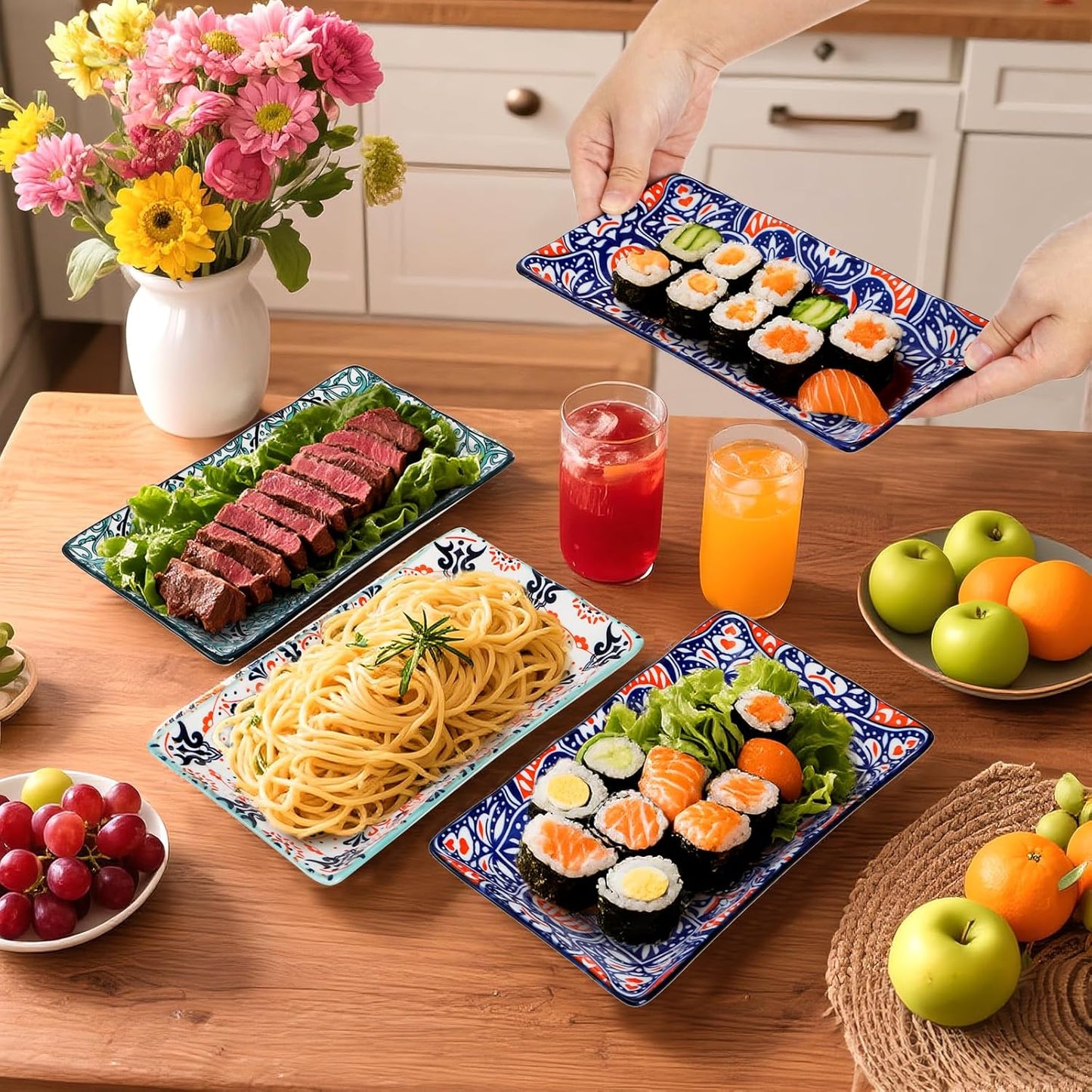 Goaste 6 Pack Ceramic Rectangular Dessert Plates, 8.5 Inch Colorful Salad Plates Set, Porcelain Serving Platter Trays for Appetizer, Sushi, Fruit, Cake, Microwave Oven Dishwasher Safe, Assorted Colors