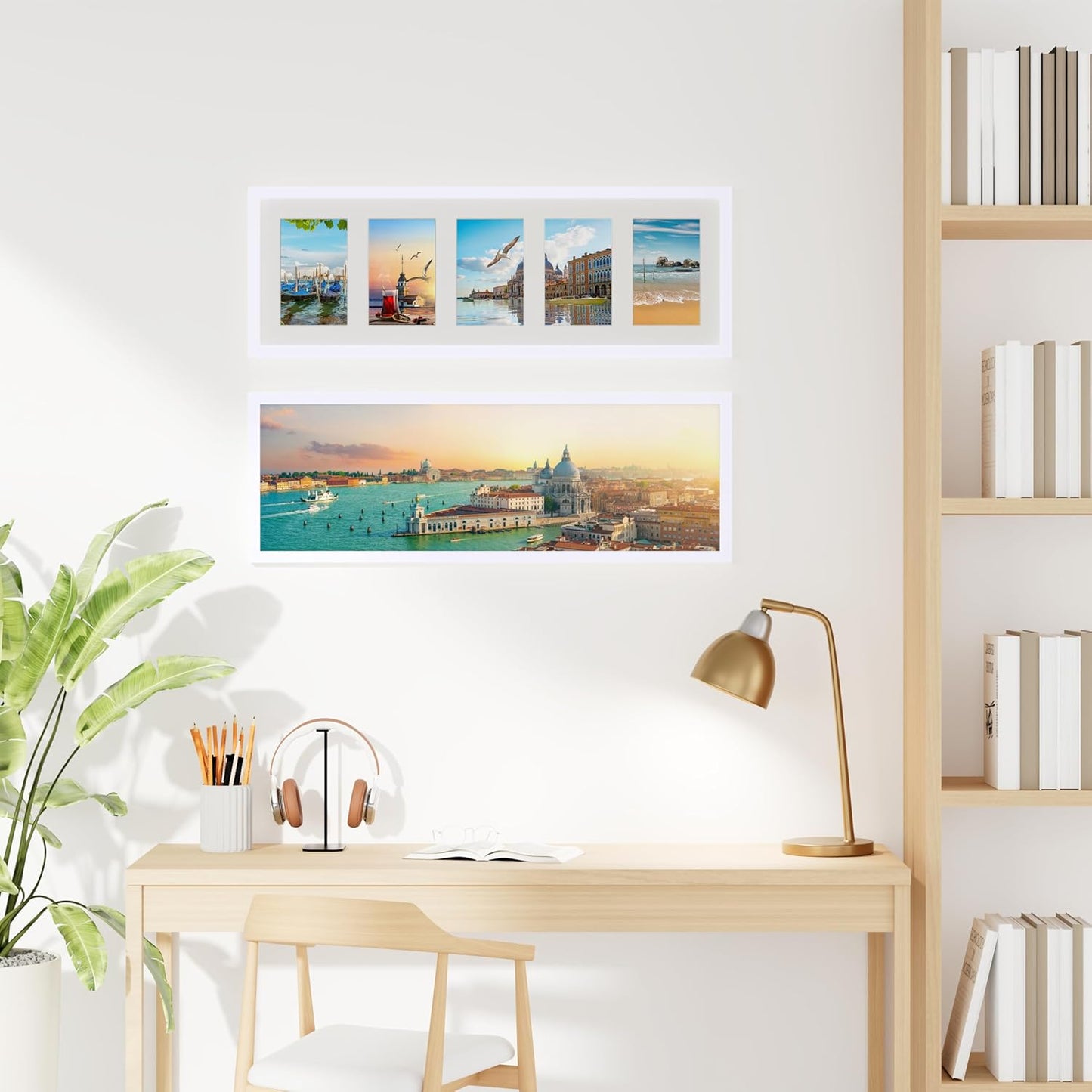 decorUhome 8x24 Picture Frames Collage Wall Decor, Display 5Pcs 4x6 Photos with Mat or 1Pcs 8x24 Unmatted, 5 4x6 Collage Picture Frames for Wall Mounting, White