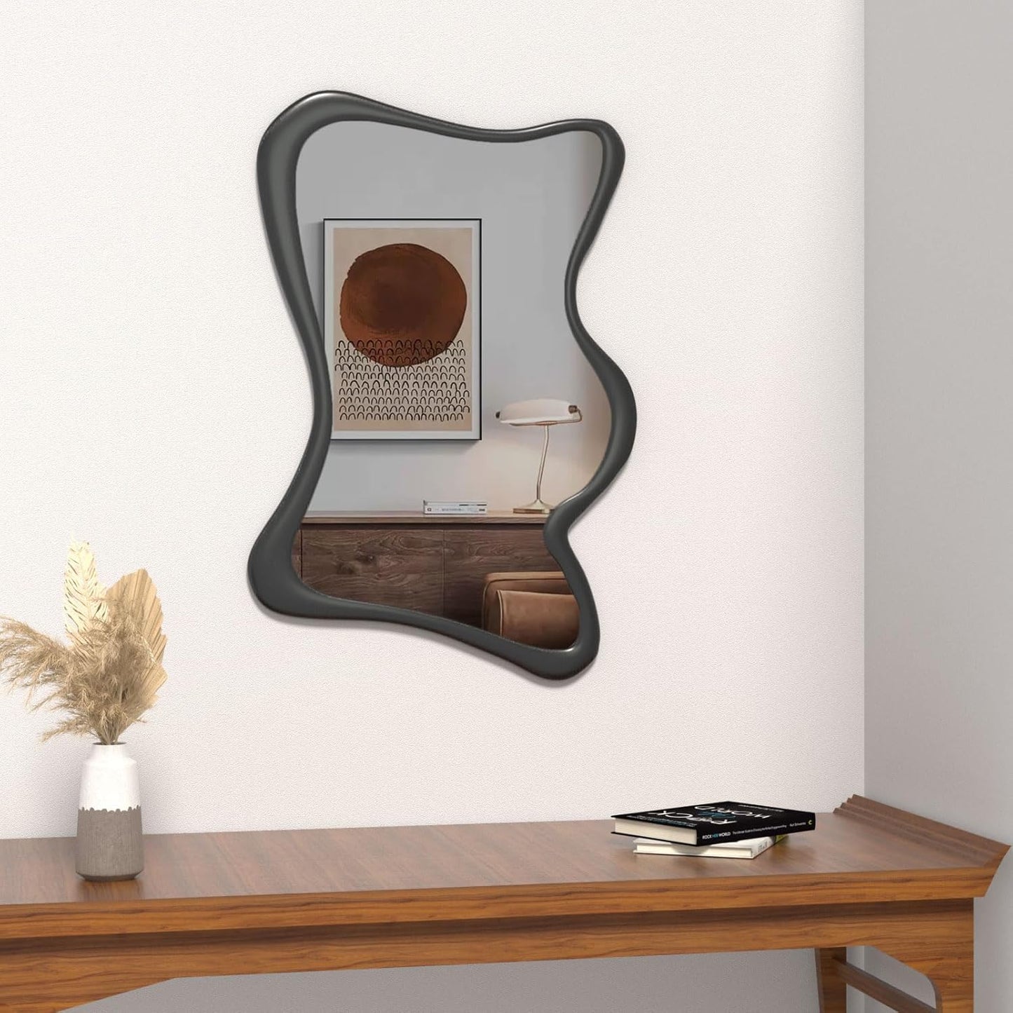 COOL2DAY Irregular Wall Mirror,32" x 24" Wood Frame Asymmetrical Mirror,Rustic Decorative Mirror for Living Room Bedroom Bedroom Entryway Bathroom Entryway, Modern Wavy Wall Mounted Mirrors Black