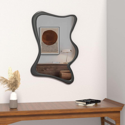COOL2DAY Irregular Wall Mirror,32" x 24" Wood Frame Asymmetrical Mirror,Rustic Decorative Mirror for Living Room Bedroom Bedroom Entryway Bathroom Entryway, Modern Wavy Wall Mounted Mirrors Black