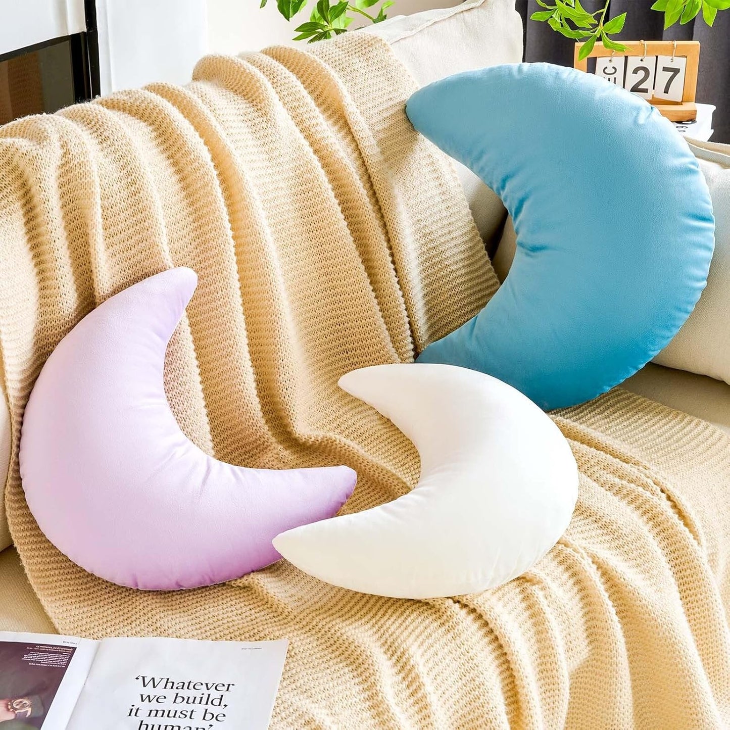 Dusty Blue Moon Pillow, 14.9" Cute Soft Velvet Half Moon Shape Plush Decorative Throw Pillows Cushions Room Decor for Couch Bedroom Living Room