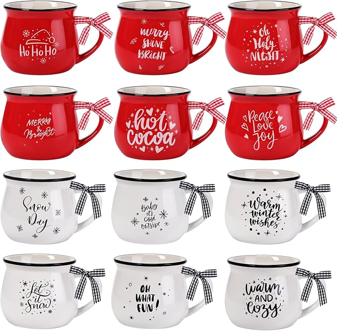 Zubebe Christmas Coffee Mugs Set of 12, 12 oz Hot Cocoa Ceramic Holiday Mugs Set for Mom, Woman, Family, Friend - Farmhouse Tiered Tray Decor, Coffee Bar Decor(Red, White)