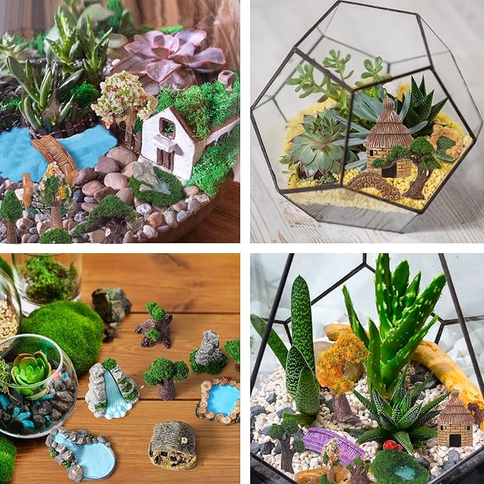 58 Pcs Miniature Garden Set Fairy House Bridge Rockery River Diorama Supplies Mini Terrarium Figurines Fairy Village Micro Landscape Ornament Model Trees for DIY Garden Decor Succulent Dollhouse Craft