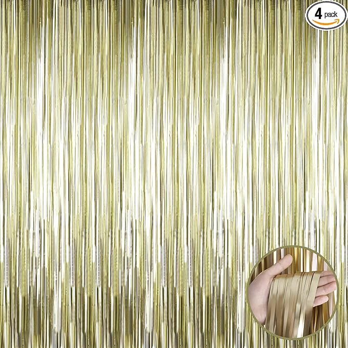 4 Pack Light Gold Foil Fringe Curtain Backdrop, 3.28Ft x 9.84Ft Metallic Tinsel Streamers Curtains for Party, Photo Booth Props, Birthday, 2022 Graduation Decoration Supplies