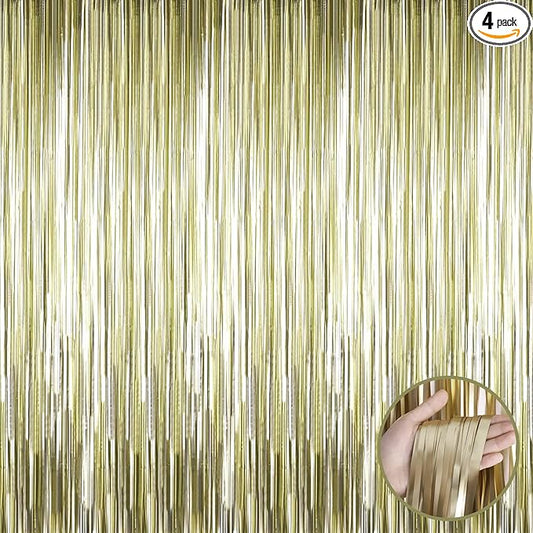 4 Pack Light Gold Foil Fringe Curtain Backdrop, 3.28Ft x 9.84Ft Metallic Tinsel Streamers Curtains for Party, Photo Booth Props, Birthday, 2022 Graduation Decoration Supplies